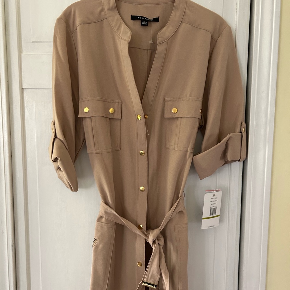 Zac & Rachel Tan Button-Front Utility Dress with Belt